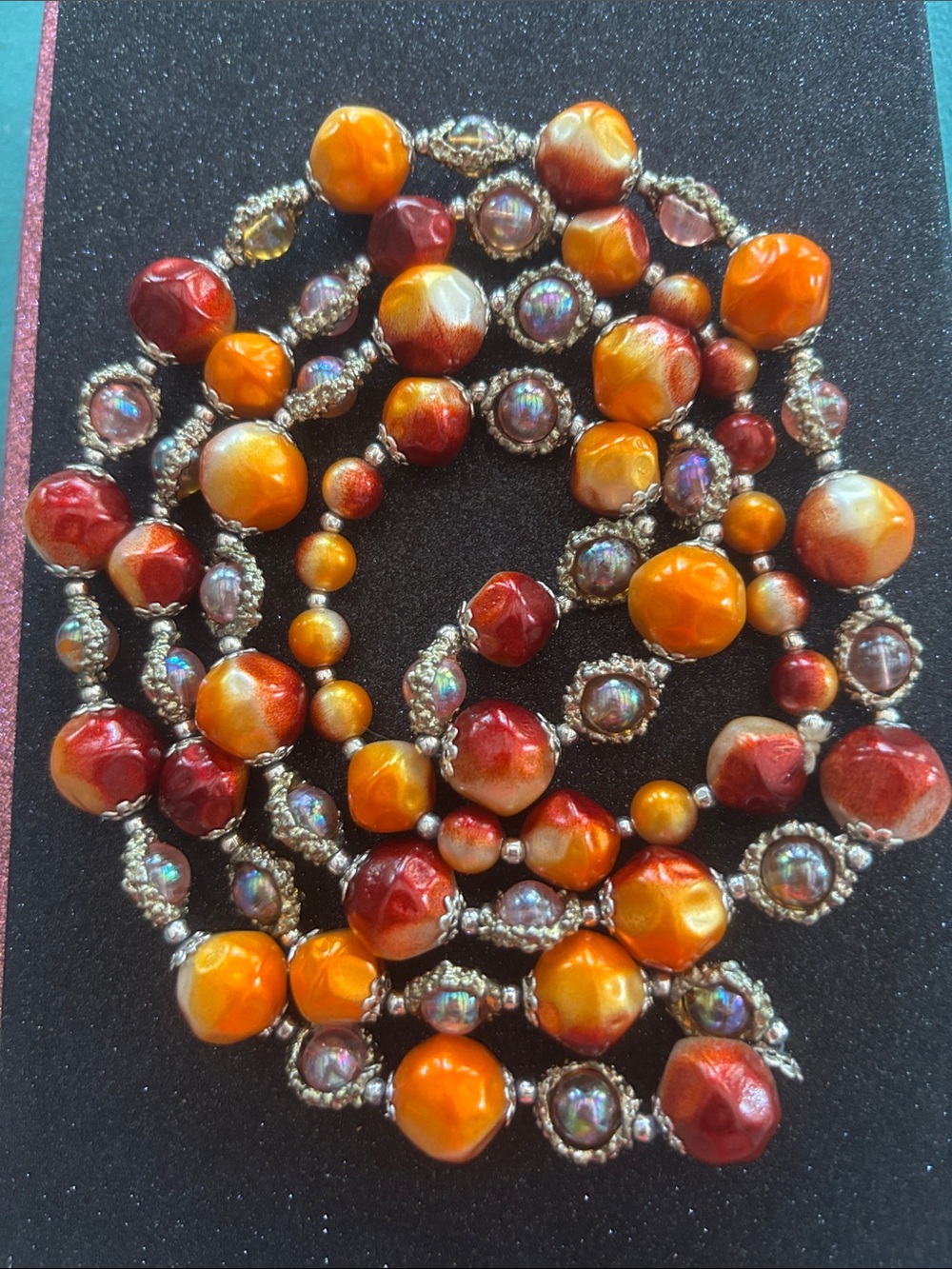 Marbled orange & red glass silver iridescent beaded statement necklace vintage - Picture 2 of 10